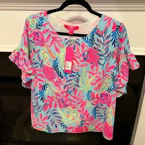 NWT Lilly Pulitzer M Darlah Lileeze Top - Porto Blue You’ve Been Spotted